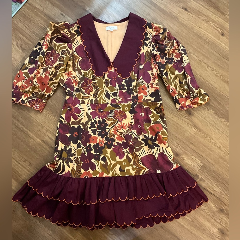 Floral Scallop-Trim Mini Dress in Burgundy & Mustard